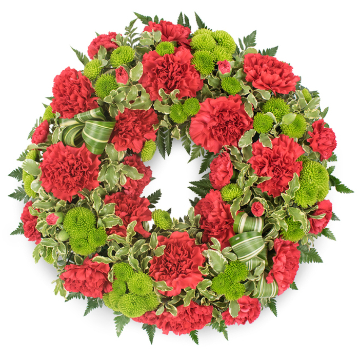 Against a bright, uncluttered white background, a lush circular wreath radiates rich red and vivid green, capturing the feel of a carefully composed funeral tribute prepared by a Chinatown florist. The wreath is so densely arranged that no gaps or bare stems can be seen; instead, an uninterrupted ring of flowers and foliage forms a complete, comforting circle. Dominating the design are deep red carnations, each bloom full with layered, ruffled petals that curl and billow into soft, textured mounds. Some flowers are entirely open, showing off their intricate petal architecture, while a few are more compact, adding subtle dimension and a sense of natural progression around the wreath. Interspersed evenly throughout are lime green button chrysanthemums, the small, rounded pompon blooms tightly formed and almost velvety to the eye. Their bright chartreuse shade injects a crisp, fresh contrast, suggesting renewal and life even in times of mourning.
The flowers are anchored by a generous bed of greenery. Dark green ferns, with their feather-like fronds, spread outward from beneath the blossoms, providing depth and framing the wreath with a classic funeral look. Mixed among them are variegated pittosporum leaves, sporting creamy white edges and dark green centres, which break up the deeper tones and add a gentle, patterned softness. Near the lower portion of the wreath, a decorative ribbon in stripes of light and dark green is skillfully woven through the foliage, forming loose loops that echo the curve of the ring without stealing focus from the blooms. The white background and even lighting create a clear, almost gallery-like presentation in which each colour and texture can be distinctly appreciated. This arrangement feels both respectful and vibrant, a fitting floral tribute for memorials, funerals, or ancestral remembrance ceremonies within the Chinatown and central London community.