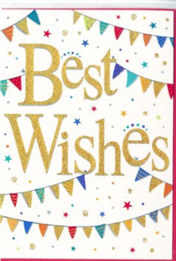 The congratulations card pictured here feels like a snapshot of celebration, its design echoing the lively, colourful atmosphere of festival days in Chinatown. In the centre, the phrase Best Wishes is written in generous gold script, each curve and loop confidently drawn, giving the impression of a message crafted with care rather than something printed in haste. The metallic finish looks smooth and slightly raised, as if you could trace the words with your fingertips, catching tiny glints of light in the process. This luminous lettering rests on a clean white background, whose simplicity brings focus to the main message and gives the composition a gentle sense of calm amid the festivity. Arcing gracefully above and below the text are strands of bunting, like festive garlands strung between shopfronts along Gerrard Street during celebrations. Each miniature triangle is its own splash of colour: vivid cherry reds, bright citrus yellows, rich blues, and leafy greens, along with hints of purple and pink that soften the palette. Many of the flags are embellished with fine patterns-rows of dots, slivers of stripes, or tiny geometric motifs-adding texture and the feeling that each piece of bunting was individually designed. Dotted across the white space are small star shapes and circular confetti dots, seemingly scattered at random, as though shaken from an invisible hand just out of frame. These details, echoing the colours of the bunting, bring the card to life with a sense of motion, like confetti drifting down after a shout of congratulations. The overall impression is warm, happy, and inclusive, making it a perfect partner to flowers delivered around Chinatown for achievements, new ventures, or the start of an exciting chapter, conveying genuine goodwill in a bright, contemporary style.