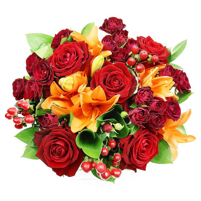 Captured from directly above on a clean white field, this opulent, rounded bouquet looks deliberately abundant: a rich matrix of deep reds and vibrant oranges softened by fresh green foliage. Several prominent deep red roses form the visual anchor, each large bloom showing finely layered, velvety petals that unwrap toward an intricate centre, the classic symbol of romantic intensity. Interspersed among these are bright orange Asiatic lilies, identifiable by their trumpet-shaped petals and visible stamens; some sit wide open, others are partially unfurled or held as elongated buds, which creates a pleasing cadence across the arrangement. Supporting textures come from clusters of dark burgundy spray roses, their tiny, dense blooms adding a sumptuous, almost brocade-like depth that complements the larger roses. Glossy, round hypericum berries in ruby tones are dotted through the design, offering playful highlights and a tactile contrast to soft petals; broad glossy leaves-likely ruscus or salal-emerge between flowers to provide structure and a cool colour counterpoint. The lighting is soft and even, highlighting surface texture and the subtle sheen on leaves and berries without harsh shadows, much like a window-lit studio on a quiet Chinatown morning near Gerrard Street. The bouquet strikes an expressive balance between formal romance and joyful celebration, suitable for anniversary gifts, special-occasion centerpieces, or a striking home accent after an evening in nearby Soho. It reads as expertly composed and fragrant, a confident gesture in autumnal reds and oranges that still feels hand-tied and personal.