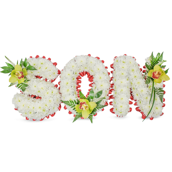 This solemn yet tender memorial arrangement presents the word SON rendered in three-dimensional block letters, each letter densely packed with small, pristine white chrysanthemums that form a soft, sculpted surface reminiscent of clouds. The letters are set against a clean white background, allowing the subtle shadows between the clustered petals to show the careful handwork and layering that gives the design its depth. A continuous red ribbon is folded into a scalloped border around the perimeter of every letter and threads into the hollow of the 'O', its bright colour offering a striking, symbolic contrast to the serene white blooms. The piece is punctuated by three lime-green Cymbidium orchids - positioned on the upper left curve of the 'S', within the circular centre of the 'O', and at the upper right of the 'N' - each with a delicate pale orange to reddish-brown marking in the throat. These orchids, with their waxy, tactile petals, are set among glossy green leaves and fine fern fronds that trail and extend, providing texture, movement and a sense of renewal. The arrangement's varied surfaces - the chrysanthemums' soft tufts, the orchids' smooth waxiness, the ribbon's satin sheen and the leafy gloss - are rendered under soft, even lighting, emphasising quiet detail and craftsmanship. Designed as a dignified funeral or graveside tribute, it carries an emotional clarity suited to services around Chinatown, Gerrard Street and nearby theatres, conveying love, remembrance and a careful, personal touch from skilled floral hands.