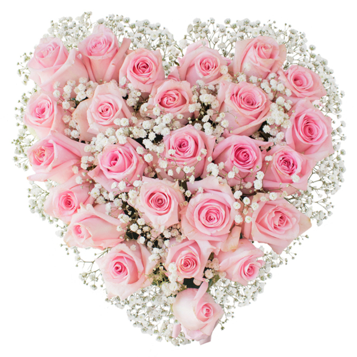 Set against a clean white backdrop, this heart-shaped floral composition is a study in soft romance: dozens of pastel pink roses are arranged so closely that their velvety faces form a plush, continuous surface that reads immediately as a heart. The roses vary gently in hue - from whisper-pink outer petals to richer pink hearts - and their mix of tightly closed buds and half-open blooms creates a living rhythm across the silhouette. Woven through the roses are countless pinpoints of white baby's breath (Gypsophila), their tiny, cloud-like clusters acting as an airy counterpoint that brightens the pink plane and crisply traces the heart's contour. The even, bright lighting draws attention to the tactile quality of each petal and to the fine, filigree texture of the gypsophila, making the whole arrangement feel both sumptuous and delicate. As an experienced Chinatown florist might say, this is the sort of design that resonates with the neighbourhood's intimate celebrations - a floral heart that might be chosen for weddings near Leicester Square, a romantic dinner on Wardour Street, or a tender anniversary gift carried through the area's bustling lanes. Crafted with care by local hands at Chinatown Flowers, the bouquet balances visual density with a whispering lightness, offering a visual and sensory message of deep affection and gentle devotion suitable for love notes, commemorations, and moments that call for understated elegance.