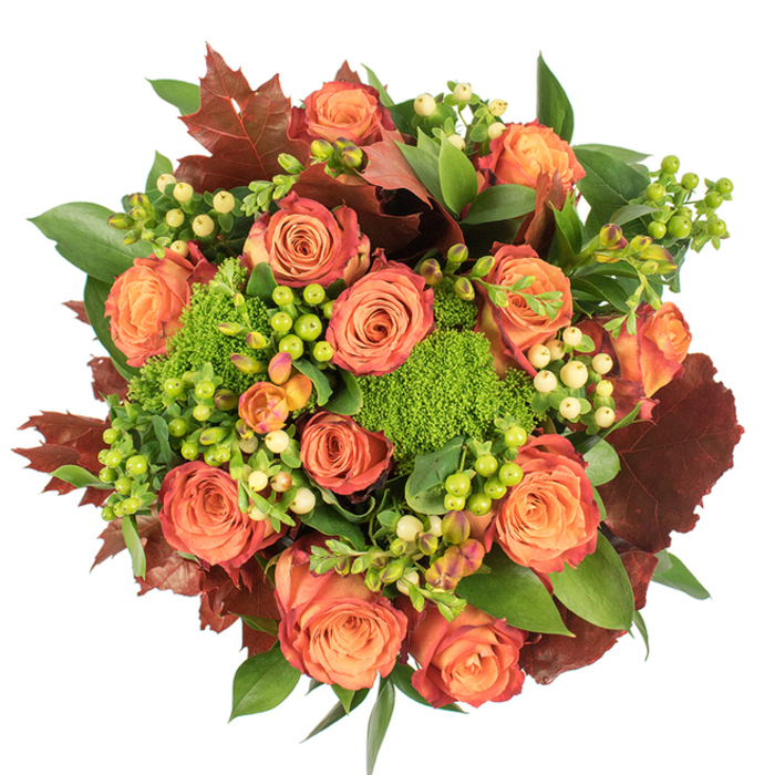From above, this circular autumn bouquet unfolds like a small, cultivated landscape: a dense chorus of fully bloomed roses moves from warm peach cores to deeper coral and russet-tinted outer petals, their layered spirals giving the piece a rhythmic, hand-placed order. Interspersed between these roses are vivid bumps of Hypericum berries, some fresh lime green and others a creamy pale yellow, which bring lively punctuation and textural contrast to the velvety petals. Green Trick dianthus sits like miniature moss islands-compact, intensely green and softly textured-offering an herbal freshness that complements the roses. Dark, rust-coloured leaves with broad lobes, suggestive of oak or maple, are woven through the massing to emphasise an autumnal theme, while glossy, broad green foliage provides volume and a living backdrop. The arrangement rests against a stark white surface under soft, diffused light that highlights the roses' sheen and the berries' glossy surfaces, while gentle shadows give a sense of depth and roundness. As a Chinatown florist attuned to local tastes, Chinatown Flowers often pairs these tones and textures for seasonal centrepieces destined for homes and restaurants around Gerrard Street and Drury Lane; the bouquet's balance of warmth, texture and colour makes it equally suited for Thanksgiving dining tables, intimate birthday surprises, or as a comforting seasonal gift. There's a quiet aromatic suggestion of warm roses softened by green, moss-like notes-an approachable, refined composition that feels hand-tied and neighbourhood-ready for the West End.