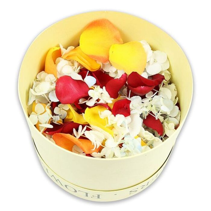 A refined pale-cream hatbox, perfectly cylindrical and crafted from smooth paperboard, stands against a pristine white backdrop, giving the image a clean, contemporary feel similar to a curated display in a Chinatown florist's window. The subtle debossed word FLOWERS wraps around the upper portion of the box, catching the light just enough to be readable without drawing focus away from the floral abundance within. Viewed from slightly above, the open top reveals a lavish heap of dried petals, carefully arranged yet brimming with natural ease. Deep crimson rose petals dominate the scene, their velvety surfaces folding over one another like rich fabric, interlaced with splashes of vivid yellow and soft peach-orange that lend warmth and gentle brightness. Woven between these larger, more dramatic petals are delicate clusters of white hydrangea florets, their tiny four-petaled blossoms forming intricate, snowy patches that soften and balance the intense reds and golds. Here and there, a whisper of pale blue appears among the white clusters, creating a quiet cooling counterpoint and evoking a sense of calm suitable for a memorial setting. The soft, even lighting allows the textures to stand out-the satin-smooth rose petals, the crisp, papery hydrangea-without casting harsh shadows. This composition feels particularly suited to funeral and tribute arrangements in the Chinatown area, where families might use the petals to honour loved ones by scattering them along a temple step, surrounding incense and offerings on a home altar, or decorating a remembrance table at a local service, blending Western floral tradition with the respectful intimacy of cultural farewell rituals.