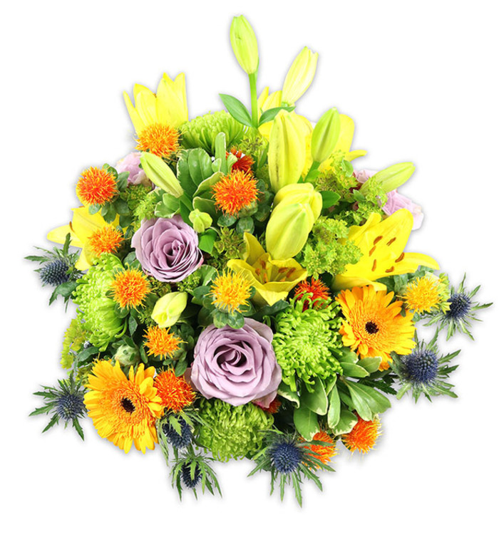 A densely packed, radiant bouquet is shown against a simple white field, each bloom placed to create a lush, domed form that reads as both joyful and thoughtfully restrained. The eye first catches several open yellow Asiatic lilies-broad, glossy petals freckled near their throats-counterbalanced by chartreuse-tinted lily buds that lend upward energy and anticipation. Two or three soft lavender roses settle toward the centre as a calm focal point, their layered petals offering a cool, romantic pause among warmer notes. Scattered orange Gerbera daisies bring bold, flat faces and dark centres that read like sunlit disks, while abundant lime-green button chrysanthemums fill negative space with a textured, almost mossy plushness. Small, round orange-yellow spheres-Craspedia-style accents-pop with playful brightness, and the composition's edges are punctuated by blue-grey Eryngium thistles whose tooth-like bracts and steel tones give the bouquet a modern, slightly wild edge. A variety of green foliage-broad leaves, delicate fillers, and glossy stems-binds the palette and adds depth, making the arrangement feel freshly gathered from a market stall. Bathed in soft light, the bouquet exudes a gentle fragrance of rose and lily with green undertones, and its balanced colour story suggests occasions from celebratory birthdays to thoughtful condolences. As a Chinatown studio piece, it suits the neighbourhood's lively restaurants and theatres-perfect for delivery to Gerrard Street, the pockets near Piccadilly Circus, or a cosy flat off Shaftesbury Avenue-bringing brightness and considered floral craftsmanship to every setting.
