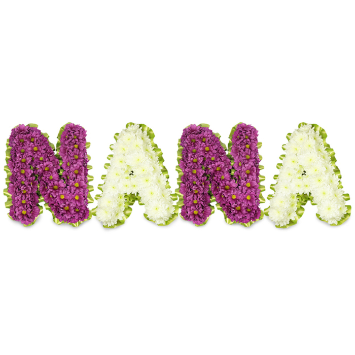 A poised and carefully made funeral tribute spells NANA in four substantial, three-dimensional letters displayed against a stark white background. Each letter is densely filled with small chrysanthemum heads: the first and third letters are composed of deep magenta to plum chrysanthemums, their tiny yellow centers adding a subtle, sunlit punctuation across the plush surface; the second and fourth letters are fashioned from pristine cream or ivory chrysanthemums, their pale tones softening the overall composition. Every letter is traced with a vivid lime-green edging-whether delicate pleated ribbon or closely packed foliage-which crisply frames the floral clusters and lends an uplifting, natural border that enhances legibility from a distance. The close-packed blooms produce a uniform, velvety texture that shows careful floral sculpting: petals overlap like tiles, creating small shadows and highlights under soft studio light, and the arrangement sits proud of the background with a gentle dimensionality. A faint, neat chrysanthemum scent lingers around the arrangement, clean and mildly floral, conjuring memories in intimate funeral settings, wakes, or cemetery services. This piece reads as both a visual declaration and a tactile comfort, intended to honour a cherished grandmother or matriarch with understated elegance. As a Chinatown florist who often arranges for memorials near Gerrard Street and the theatres around Shaftesbury Avenue, I recognise this style as a classic, personalised sympathy commission-designed to be placed beside photographs, candles, or service programmes as a heartfelt emblem of remembrance.