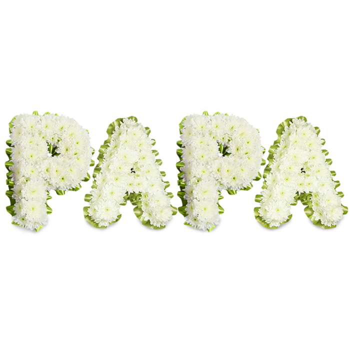 A refined and heartfelt floral composition spells the affectionate name PAPA in four clear, capital letters, each letter constructed from dense, small white flowers-predominantly spray chrysanthemums with a smattering of creamy carnations-to achieve a soft, textured, almost quilted surface. The letters are arranged in a straight, harmonious row against a spotless white background that emphasizes the purity of the petals and the slight sculptural curve of each letter. Neatly bordering each character is a slim band of pale green ribbon or tightly clipped foliage; the green edge is slightly ruffled, lending a handmade, chapel-appropriate finish that both frames and uplifts the white blooms. Light falls evenly across the piece, catching on petal edges and creating soft, natural shadows that reveal depth and detail rather than flattening the composition. The overall impression is one of understated elegance and deep respect-the classic white and green palette signalling peace, purity, and remembrance. From a tactile standpoint the letters seem plush and tender, the clusters of tiny blooms producing a comforting, pillow-like effect, while the scent remains delicate, floral and calming. Local references-Gerrard Street's quieter afternoons, the soft footfall near the Chinatown gate-often inform the tone of these tributes; they are made to feel familiar, intimate, and rooted in the community. This style of tribute is commonly chosen for funerals, memorial services, and wakes to honour a beloved father or grandfather with dignity and enduring affection.