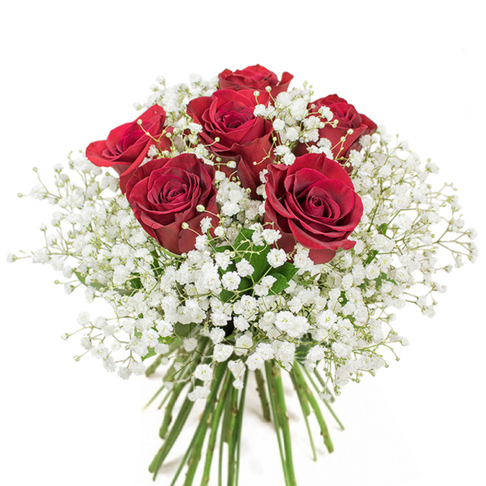 As a florist working in Chinatown, I take particular pleasure in crafting arrangements like this: a compact, domed bouquet of approximately eighteen to twenty rich red roses encircled by clouds of delicate baby's breath (Gypsophila paniculata). Each rose opens into a full, velvety blossom with deep crimson petals that feel almost plush to the touch, their layered spirals catching light and shadow in a way that makes each bloom read as both intimate and opulent. The baby's breath spills around and between the roses in fine sprays, its tiny white flowers softening the composition like mist and lending a sense of innocence and lift. Placed in a clear glass vase the long, green stems are visible and neatly arranged, the waterline bright and clean; the glass adds understated structure and lets the eye travel from the rich heads of colour down through stems to the base. The scent is gentle and classic - a subtle, floral warmth that suggests late afternoon sunlight and quiet conversations over tea in nearby Gerrard Street. This is a bouquet I would recommend for anniversaries, romantic gestures or to mark a heartfelt moment, and Chinatown Flowers prepares them with care for same-day delivery across Chinatown, Soho and Leicester Square when freshness matters most. The arrangement balances tactile contrasts - plush petals and airy gypsophila - with visual harmony, producing an enduringly elegant statement of love.