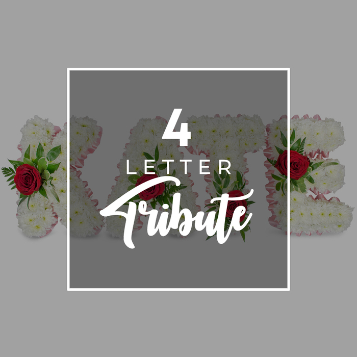 A carefully styled graphic image presents a personalised four-letter funeral tribute, with a balance of modern typography and traditional flowers that would feel at home in memorial gatherings around Chinatown. Dominating the centre is a dark grey square, softened by its semi-transparent finish and encased within a tidy white border. Across this panel, white text is thoughtfully arranged: a large, bold 4 catches the eye at the top, immediately associating the design with a four-letter word or name; beneath it, the word LETTER appears in a straightforward sans-serif font, while Tribute is written in a more flowing, cursive style, echoing the gentle lines of calligraphy often seen on memorial banners. Behind this overlay, and stretching beyond its left and right edges, four floral letters can be glimpsed in full three-dimensional relief. These letters are painstakingly covered with tightly grouped white chrysanthemums, whose many layered petals give the impression of soft, ruffled cushions. Around the sides of each letter, a soft, pale pink ribbon or fabric provides a subtle outline, just visible between the blooms and giving each character a tender, pastel edge. Set into the surface of the letters are clusters of deep red roses, their spiralled petals standing out richly against the white background. Around the roses, sprigs of fresh green foliage add movement and texture, as if echoing the organic shapes of plants sold in nearby markets. The outer backdrop of the image remains a smooth, light grey, ensuring there are no visual distractions. Taken together, the clean text, muted tones, and vivid flowers evoke a sense of quiet respect, as though the tribute is ready to be placed at a funeral, cremation service, or graveside gathering for a family connected to the Chinatown community.