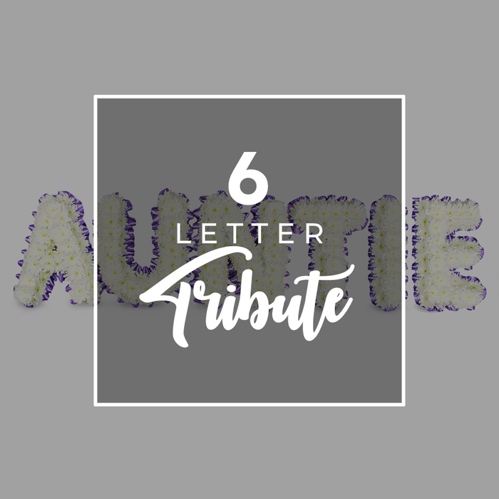 A refined floral letter tribute sits as a solemn proclamation AUNTIE cast in six freestanding letters of white chrysanthemums. Each letter is densely filled with blossoms, their petals forming a full, cushiony surface that feels soft to the eye and gently to the touch. The edges are trimmed in a vivid purple, traced with small accent blooms or dyed foliage that defines the silhouette with classic elegance. The letters are set against a quiet gray backdrop, and a white square frame overlays the center, containing '6 LETTER' in a crisp sans-serif and 'Tribute' in a flowing script, a clear statement of intent: a six-letter memorial designed to honor a cherished relative. This piece embodies meticulous craftsmanship and personal storytelling, a bespoke tribute from a Chinatown florist who understands the rhythm of life in the West End and beyond-from Gerrard Street's chatter to the quiet lanes of Covent Garden. Chinatown Flowers is known for translating sentiment into form, selecting sturdy, long-lasting whites that photograph beautifully in church porches and memorial halls. This arrangement offers a timeless, dignified presence, suitable for funeral services, wakes, or private remembrances. The bouquet's fragrance is clean and gentle, and the dense bloom mass ensures a lasting shape through the service. Delivered with care across the Chinatown area and nearby neighborhoods, it makes a confident, heartfelt statement for those seeking a refined, respectful tribute.