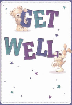 From the first glance, this get well card exudes gentle comfort and encouragement, as if hand-delivered by a caring friend in the bustling streets of Chinatown. The illustration features a plush teddy bear holding the curve of the soaring word 'GET' and a lively puppy nuzzling under 'WELL,' their rounded shapes and expressive eyes infused with affection. Saturated hues of purple and teal tint the robust lettering, providing vibrant contrast reminiscent of the colours adorning shopfronts and markets around Shaftesbury Avenue. Tiny, scattered stars blink across the scene, like distant fireworks marking a festive night, their quiet optimism mirroring the community's supportive spirit. The white backdrop evokes a sense of fresh beginnings, resonant with the feeling of starting anew offered by flowers from a trusted Chinatown florist. The characters' soft fur and gentle presence call to mind both the tactile appeal and the emotional reassurance of a hand-tied bouquet-meticulously prepared and ready to encourage recovery, whether for a friend on Newport Place or a colleague at Leicester Square. Every brushstroke holds intention, making this card a symbol of neighbourly care and heartfelt wishes.