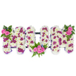A solemn, lovingly made floral tribute spells out the word MUM in three-dimensional capital letters, photographed against a clean white background. Each letter is built on a dense cushion of pristine white chrysanthemums, their small, snowy petals forming a plush, cloud-like surface that feels soft to the touch and visually suggests innocence and lasting devotion. Scattered through that white base are jewel-like pops of deep magenta and purple spray chrysanthemums, placed with careful rhythm to add depth and a quiet, tasteful pattern across the faces of the letters. Bright pink spray roses serve as the emotional focal points: a compact cluster crowns the upper left of the first M, a larger, gentle bouquet nestles into the lower curve of the U, and a matching rose cluster accents the upper right of the final M. Lush fern fronds and varied deep-green foliage frame each bouquet, their glossy leaves and fine fronds contrasting the chrysanthemums' matte softness, while tiny blue accent flowers tuck in like shy stars among the greens. A subtle dark horizontal bar links the letters at the base, lending structural balance without detracting from the floral shapes. The overall palette of white, magenta, pink and green is intentionally restrained and reverent, the scent a muted blend of fresh chrysanthemums and the faint, sweet perfume of roses. This arrangement reads as both a dignified funeral tribute and a tender keepsake - the kind of personalised memorial we make for families around Chinatown, close to the bustling Gerrard Street gate, for services held in nearby chapels or intimate wakes. The craftsmanship is meticulous, designed to convey love, respect and remembrance in equal measure.