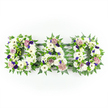 The photograph shows a heartfelt floral tribute that spells out DAD in three large, ornate letters composed entirely of fresh flowers, set against a pure white background that makes every colour stand out. Each letter is packed tightly with white chrysanthemums and crisp white gerbera daisies, creating a thick, plush surface of petals that looks soft and comforting, like a padded cushion of blooms. Tucked between the larger flowers are smaller white spray roses and lisianthus, their buds and ruffled petals adding a gentle, romantic detail. Around the edges of each letter, a frame of lush greenery - including delicate fern fronds and smooth, dark green leaves - traces the shapes and gives the design a fresh, natural outline. Throughout the white flowers, the florist has carefully placed bright green button chrysanthemums, which catch the light and bring a lively brightness, along with deep purple and violet blossoms and soft lavender or mauve roses and carnations that contribute a mood of dignity, devotion, and quiet affection. The lighting is soft but clear, similar to natural daylight within a central London service venue, revealing every texture from the fine fern leaves to the central discs of the gerberas. This DAD tribute feels both traditional and very personal, the kind of remembrance arrangement that might be ordered from a trusted Chinatown florist and delivered to a nearby funeral home, crematorium, or chapel to honour a beloved father with grace and beauty amidst the busy heart of the city.