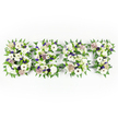 A solemn, lovingly arranged floral tribute spells the word SON in three dense letter-forms set against a clean white backdrop. Seen straight on, each letter is built from an abundance of crisp white blooms - large, full chrysanthemums and delicate anemone-like flowers with their striking dark centres - which create a quiet, dignified surface. Gentle notes of pale lavender and soft purple are threaded through the composition in small clusters of filler blooms and ruffled petals, giving the piece depth without overpowering the purity of the whites. Feathery green fern fronds and glossy foliage trace each letter's outer edge, their fine texture forming a natural frame that softens the silhouette and suggests movement like a comforting hand. Scattered pockets of compact green button chrysanthemums add fresh pops of colour and a tactile contrast to the billowing petals. The flowers sit on a subtle, low-profile structural base that keeps each letter crisp and legible while remaining mostly hidden beneath the blooms. Under soft studio light the whites read as gentle and serene, the violets as mute accents of reverence; one can almost imagine the faint, clean scent of fresh petals and green leaves. This is the kind of personalised sympathy arrangement often chosen for funeral or memorial services - a visual expression of love, grief and farewell. As a Chinatown florist I picture it placed near the red lanterned gate, offering a quiet, tender message at services held for families from Gerrard Street to Wardour Street. The craftsmanship is attentive and restrained, designed to comfort bereaved visitors with a clear, heartfelt tribute that honours memory and presence.
