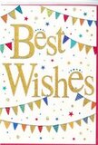 In this scene, a bright and festive Best Wishes card lies neatly on a plain background, its design reminiscent of a small celebration unfolding somewhere in the heart of Chinatown. Across the middle of the card, the greeting is written in luxurious gold script, the letters thick and sweeping with an elegant, almost calligraphic flair. The metallic gold appears slightly embossed, catching subtle highlights that make the words seem to glow against the crisp white card, similar to the way golden details shine under the evening lights of nearby side streets. Encircling this central message, graceful curves of bunting run along the upper and lower portions of the card, creating a soft frame of colour. Each little triangular pennant offers a different note in a cheerful palette: strong reds and bright blues sit alongside vivid greens, sunny yellows, and softer shades of pink and purple. Many of these tiny flags are adorned with simple yet charming patterns-miniature stripes, clusters of dots, or tiny mosaic designs that hint at craftsmanship and care. The white background keeps the eye relaxed, providing balance so the colours and gold feel bright but never overwhelming, much like the harmony of bold shopfronts and clear skies above Chinatown's narrow streets. Lightly scattered around the bunting and lettering are petite star shapes and small round dots of colour, as if fragments of confetti have drifted gently down and settled wherever they pleased. These playful accents add a sense of movement, echoing the sparkle and excitement of a toast or applause. Altogether, the card conveys a warm, joyful wish, perfect to accompany flowers delivered to homes, businesses, or hidden restaurants in Chinatown when you want to celebrate success, wish someone luck, or simply send heartfelt, encouraging words.