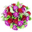 Viewed from a top-down angle against a vivid white backdrop, this abundant bouquet appears as a perfectly rounded arrangement of velvety red roses and vivid purple carnations, framed by rich green foliage, like a refined gift ready to be delivered across Chinatown and nearby Soho. The roses command attention: each bloom is fully open yet precise, with tightly coiled layers of crimson petals that exude romance and timeless elegance. Tucked among them, the carnations bring dynamic contrast, their densely ruffled petals forming soft domes of royal purple and fuchsia that play with the light and lend the design a sense of joyful celebration. Surrounding the flowers, glossy, deep-green leaves create a full, structured base, while interspersed eucalyptus stems, with their rounded, silvery-green leaves, soften the overall look and introduce a subtle, modern touch. The clean white background and balanced lighting highlight every detail, from the delicate petal edges to the varied shades of green in the foliage, suggesting a bouquet freshly arranged on the counter of Chinatown Flowers, moments before being carried through the bustling streets around Leicester Square or delivered to a special dinner table off Shaftesbury Avenue. The overall impression is rich and expressive yet refined, suitable for anniversaries, romantic gestures, or marking a personal milestone. Imagining the bouquet close by, you can sense its textures-the velvet of roses, the soft frill of carnations, the smooth strength of stems-and a gentle fragrance that merges soft rose notes with the cool, refreshing hint of eucalyptus, bringing a sense of poise and tenderness to any city setting.