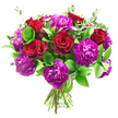 In this image, a lush hand-tied bouquet is showcased against a clean, white background, giving full focus to its intense palette of deep red and purple. The roses are a profound, velvety crimson, each bloom arranged so that its spiralled centre faces outward, inviting the viewer to trace the curve of every petal. Their surfaces appear soft and almost plush, embodying the quintessential symbol of love and desire. Intertwined with the roses are generous clusters of purple carnations, their many frilled petals overlapping in layers that create a rich, cushiony volume. The carnations shift between vivacious magenta and deeper violet shades, offering a lively play of colour that both complements and cools the warmth of the red roses. Framing the blooms, glossy dark green leaves lend structure, their smooth surfaces catching the light with a refined sheen, while slimmer stems of eucalyptus introduce a contrasting, silvery-green softness and a feeling of gentle motion. The flower stems are drawn together neatly at the base, aligned and secured by a narrow red ribbon that is just visible, asserting the bouquet's hand-crafted nature. Even, neutral lighting casts minimal shadow, making the colours and textures appear fresh and true, as though the bouquet had just been finished by an experienced florist at Chinatown Flowers. It feels ready to be carried down Gerrard Street or delivered to a nearby office, restaurant, or home. The arrangement suggests romance, celebration, and a touch of modern elegance, ideal for anniversaries, Valentine's surprises, or heartfelt gestures in and around London's bustling Chinatown.