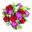 The bouquet in this image is an opulent mix of deep crimson roses and vivid purple carnations, gathered closely together to form a strikingly full, rounded arrangement. Each rose is richly coloured, its petals smooth and velvety, curling inwards to create the familiar, elegant rose shape that immediately suggests romance and care. The carnations provide a textured contrast, their many ruffled petals opening into soft, fringed blooms in strong purple tones that stand out boldly against the red. Surrounding the flowers is a collar of lush greenery: sturdy, dark-green leaves lay down a solid base, while slender stems of eucalyptus thread through the bouquet, their small, round, silver-green leaves giving a gentle, airy lift to the overall design. The eucalyptus evokes a cooling, herbal scent that you can almost imagine blending with the aroma of roses and the subtle spice of carnations in a florist's studio tucked away behind the lantern-lit streets of Chinatown. Soft, even light falls across the arrangement, enhancing the luscious reds and purples without casting harsh shadows, as if the bouquet is sitting on a countertop near a window above Gerrard Street, with the bustle of the restaurants and shops below. The bouquet feels joyful yet refined, ideal for romantic gestures, anniversary celebrations, or congratulating someone who loves rich, dramatic flowers. Its carefully balanced structure and harmonious colour palette speak to the expertise of a local Chinatown florist, who has arranged each stem so the bouquet looks perfect from every angle, ready to be carried through the nearby streets or delivered to homes and businesses around the West End.