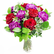 A sumptuous bouquet of deep red roses and plush purple peonies rises from a clear glass vase, its bold colours and layered textures echoing the lively spirit of Chinatown's streets just beyond a quiet window. Each rose is fully open, rounded and velvety, the petals deep crimson and densely packed, forming blooms that seem to glow with warmth and affection. The purple peonies beside them are expansive and softly ruffled, their many petals overlapping like fine silk fabric, contributing generous volume and a gentle, romantic softness. Encircling the blooms is a cradle of fresh greenery, including rounded leaves and slender, arching strands of eucalyptus whose silvery-green tones bring a whisper of cool elegance to the palette. This foliage frames the flowers, creating a sense of structure and lightness so the composition feels full yet never overwhelming. The clear glass vase reveals the stems gathered together, their varying shades of green creating subtle vertical patterns and reflections in the water, a quiet counterpoint to the drama of the flowers above. Imagined sunlight filters across the arrangement, making the reds and purples shimmer, much like light catching the red lanterns and golden characters along nearby Chinatown streets. You might imagine a gentle fragrance filling the room-a blend of sweet rose, soft peony, and the airy, herbal freshness of eucalyptus-providing a calm contrast to the bustling restaurants and shops just outside. This bouquet suits an intimate birthday celebration in a flat overlooking Gerrard Street, a romantic surprise delivered after a shared meal in a favourite Chinatown restaurant, or a thoughtful gift to convey admiration and gratitude. It radiates a sense of celebration, tenderness, and the quiet luxury of beautifully arranged, freshly cut flowers.