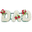 A carefully crafted funeral tribute spelling out the word DAD in three large, three-dimensional capital letters, each densely covered with pristine white chrysanthemum blooms that create a soft, cloud-like texture and a feeling of calm. The edges of every letter are crisply finished with a deep emerald green pleated ribbon, giving a tailored, defined silhouette against the pure white backdrop. Resting on the upper curves and within the centre of the letters are artfully composed sprays of rich red roses paired with small white freesia and verdant foliage; their velvety petals and quiet fragrance introduce warmth and reverence to the arrangement. Thin loops of glossy green grass and fine-leaved filler thread gently through the clusters, adding movement and a contemporary touch without distracting from the traditional palette. Behind the letters a discreet dark green metal framework runs horizontally, its slim bars almost invisible beneath the blooms yet providing the stability needed for a large memorial display intended for church halls, chapels, or graveside tributes. The lighting is soft and even, highlighting the chrysanthemums' delicate petal edges and the deep, saturated red of the roses while keeping the overall mood serene and respectful. This bespoke sympathy composition reads as both personal and formal-a classic way to honour a father or paternal figure. As a local florist familiar with Chinatown and the nearby West End, I picture this arrangement arriving at a memorial service near the Chinatown Gate or being carried through Gerrard Street with quiet dignity, conveying love, respect, and remembrance through traditional floral symbolism.