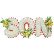 A three-dimensional floral tribute carefully spells out the word SON in large sculpted block letters, each letter formed from hundreds of small, pristine white chrysanthemum blooms that create a soft, cloud-like surface. The letters sit against a plain white background, the uniform petals catching a gentle, diffused light that highlights the round, textured faces of the chrysanthemums and lends the arrangement a quiet dignity. Around the outer edges and tracing the inner curve of the 'O' is a continuous scalloped border of vivid red ribbon, folded into small, regular loops that make a bright, almost tactile frame against the snowy white flowers - a colour contrast that reads as love, remembrance and strength. Nestled at three points of the design, lime-green Cymbidium orchids bring a cool, waxy elegance: one at the upper left curve of the 'S', another resting within the hollow of the 'O', and a third near the upper right of the 'N'. Each orchid shows a subtle pale orange to reddish-brown marking in its throat and sits amid rich green foliage - long glossy leaves, delicate fern fronds and fine tendrils - introducing height, texture and a living depth to the composition. The orchids' smooth petals and the chrysanthemums' soft tufts create a pleasing contrast of surfaces, while the faint green of the leaves anchors the white and red palette. This is the kind of personalised memorial piece often chosen for funerals, graveside tributes or a quiet service in Soho or nearby Leicester Square, designed to speak of love, respect and enduring memory with careful craftsmanship and restrained beauty.