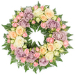 Centred on a clean white background, this full circular wreath of roses and ferns feels like a soft halo of colour and greenery, designed for a funeral or memorial tribute. The ring is densely arranged, with blossoms layered so closely that they touch, creating a plush, almost fabric-like band of petals. Creamy white and ivory roses are most prominent, many with their petals fully unfurled, forming rounded, open faces that appear calm and serene. Nestled among them are clusters of blush pink spray roses in different stages of bloom, from tightly closed buds to small, half-open flowers that add a gentle sense of movement. Scattered through the circle, soft peach and buttery yellow roses bring a comforting warmth, while distinctive dusty lavender and muted mauve roses introduce a cool, antique elegance that gives the arrangement depth. The entire wreath is framed and supported by dark green fern fronds; their fine, feathered leaves extend just beyond the roses and peek between them, adding structure and a fresh, woodland contrast to the soft pastels. The lighting is clear and even, highlighting the subtle variations in tone and texture, from velvety petals to smooth, glossy stems. The image suggests a tribute suitable for memorial services around Chinatown, perhaps resting near a family altar or at the front of a quiet ceremony room. It has no visible ribbon or inscription, allowing the flowers themselves to express sympathy, remembrance, and enduring affection, much like a silent embrace offered to grieving families throughout the local community.