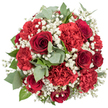 A striking bouquet of red flowers is shown from a slightly raised overhead angle, its rounded, dome-like shape clearly defined against a clean, white background that makes the colours appear vivid and pure. In the centre and throughout the arrangement, deep red roses display tightly spiralled, velvety petals that draw inward to shaded cores, suggesting intimacy and enduring love. Nestled among them, red carnations with densely layered, frilled petals create a soft, textured surface, giving the bouquet a sense of depth and plush abundance. Laced delicately through these bolder blooms, airy sprays of white baby's breath spread like a fine mist, their tiny blossoms introducing a light, ethereal contrast that gently brightens the overall design. Eucalyptus leaves in muted grey-green tones, along with deeper, glossy green foliage, peek between the flowers, their rounded, slightly waxy shapes adding structure and a subtle coolness that balances the warmth of the reds. The light is even and bright, with no background distractions, so the viewer's attention remains fixed on the interplay of colour and texture. This bouquet feels at home in the heart of Chinatown-perhaps resting on a counter above a shop near Gerrard Street, or being carried down a narrow alley on the way to a surprise after-dinner gesture. It suits romantic declarations, milestone anniversaries, and meaningful thank-yous, while also fitting into the lively celebratory spirit of nearby Soho and Leicester Square. The arrangement reflects skilled, practiced hands, likely from a florist at Chinatown Flowers, who understands how to balance classic roses and carnations with delicate baby's breath to create a bouquet that looks both luxurious and warmly inviting.