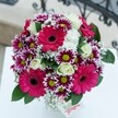 There's an infectious joy in this Chinatown bouquet-joy that tumbles out visually in rich hot pink, magenta, and striking green, reminiscent of the neighbourhood's colourful market days. In the heart of the design, bold Gerbera daisies glow in radiant fuchsia, their velvety petals curling softly outward, beckoning the eye. Playful magenta-and-white chrysanthemums dance between the daisies, each bloom punctuated by a zesty green core, bringing a sense of energy and movement that echoes the area's busy streets. Creamy white roses offer elegant pauses, their spirals exuding softness amid the wilder forms. Mist-like baby's breath weaves airy threads across the arrangement, while lush emerald foliage gives fullness and freshness, rooting the display in natural abundance. Gently blurred in the background, hints of Chinatown's decorative metalwork anchor the bouquet in its setting, and a small note peeks from the side, as if ready for a personal wish. Crafted for birthdays, anniversaries, or heartfelt thanks, this arrangement feels at once celebratory and considerate, perfectly suited for brightening days in London's beloved Chinatown.
