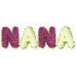 A handcrafted memorial piece spells out the name NANA in four large, three-dimensional capital letters set against a pristine white background. Each letter is densely composed of hundreds of small chrysanthemum blooms: the two N letters built from a lush, deep magenta to plum chrysanthemum with tiny golden-yellow centers that punctuate the surface like soft embers, and the two A letters fashioned from creamy white or ivory chrysanthemums that offer a quiet, cool contrast. Every letter is neatly edged with a lively lime-green border-a pleated satin ribbon or tightly arranged foliage-whose undulating line frames the flowers and gives the shapes a crisp, finished silhouette. The texture reads as plush and sculpted when seen close-up: the tiny heads cluster so tightly they form a velvet-like carpet, each petal catching soft daylight to produce subtle shadows and depth. There is a restrained scent of fresh chrysanthemums, clean and slightly sweet, that suggests an early morning delivery to a local chapel or family home. The arrangement's measured rhythm-the purple, white, purple, white-feels both formal and tender, a visual lullaby intended for a funeral service, wake or graveside farewell. As an experienced local florist in Chinatown familiar with nearby Gerrard Street and the theatres around Shaftesbury Avenue, I imagine this tribute placed beside family photographs, its colours reading clearly from a distance yet revealing delicate detail up close. It is a personalised, reverent statement of love and remembrance, crafted to honour a grandmother with dignity and floral grace.