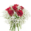Envisioned with an eye for both tradition and heartfelt sincerity, this hand-tied bouquet stands out against its immaculate white background-a centerpiece for any celebration in Chinatown. At the core, six deep red roses rise proudly, their velvety petals curling open with grace and confidence. Each flower glimmers with a romantic richness, their placement hinting at both intention and artistry. Flowing all around, generous billows of snowy white baby's breath lend the bouquet a weightless, dreamlike quality, echoing the light air often found on breezy mornings near Gerrard Street Market. The gypsophila's minuscule blooms entwine the roses, tempering boldness with delicacy, and giving the whole arrangement an aura of hope, reverence, and joy. The fresh green stems, visible and neatly gathered at the base, signal both local freshness and attentive care-a hallmark of the expert Chinatown florists whose passion is evident in every detail. The overall mood is gentle yet passionate, suited for moments of celebration: be it a meaningful anniversary, welcoming a new generation, or showering gratitude upon elders and loved ones. This arrangement acts as a visual and symbolic bridge, joining the classic elegance of red roses with the communal spirit and vibrancy of Chinatown, ready to infuse any occasion with heartfelt emotion and enduring beauty.