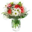 Radiating freshness and cultural vibrancy, this bouquet is a perfect tribute to Chinatown's joyful heart. At its centre, ruffled coral carnations bloom alongside crisp white chrysanthemums, their multi-layered petals catching every ray of cheerful light-just as the shopfronts along Wardour Street shine during festival days. White daisies with green centres and clouds of baby's breath bring a playful energy and airy softness, echoing the blend of tradition and celebration in Chinatown. Rich, glossy green leaves frame the bouquet, providing a grounding contrast and evoking the nearby Chinese pagoda gardens, while closed magenta alstroemeria buds hint at blooms yet to come, a subtle promise of renewal. Arranged in a minimalist glass vase filled with sparkling water, the bouquet's sturdy stems remain clearly visible, assuring the utmost freshness for each recipient. Every thoughtfully placed bloom in this Chinatown Flowers arrangement is designed to bring comfort and joy to homes throughout Soho and neighbouring districts-be it for a birthday, thank you, or simply to brighten someone's day.